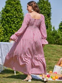 Plus Gingham Print Shirred Flounce Sleeve Ruffle Hem Dress - Red and White - View 2