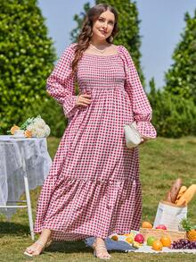 Plus Gingham Print Shirred Flounce Sleeve Ruffle Hem Dress - Red and White - View 3