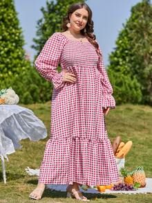 Plus Gingham Print Shirred Flounce Sleeve Ruffle Hem Dress - Red and White - View 4