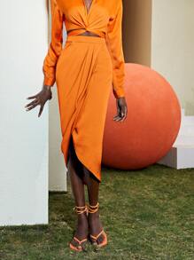SHEIN Unity Falda neón naranja con diseño cruzado