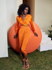 SHEIN Unity Falda neón naranja con diseño cruzado