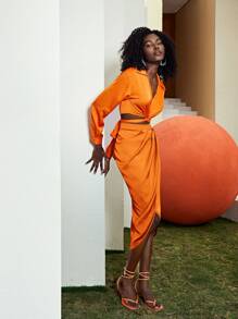 SHEIN Unity Falda neón naranja con diseño cruzado