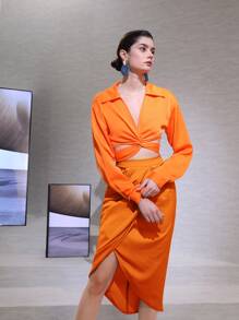 SHEIN Unity Falda neón naranja con diseño cruzado