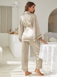 Contrast Piping Belted Satin Night Set - Beige - View 2