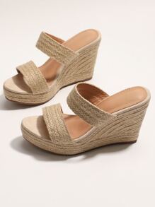 Double Strap Espadrille Wedge Slide Sandals - Apricot - View 3