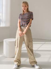 DAZY Áo thun cổ tròn kẻ sọc, áo crop top nữ - Nhiều màu - Xem 4