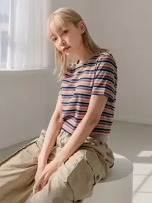 DAZY Áo thun cổ tròn kẻ sọc, áo crop top nữ - Nhiều màu - Xem 7