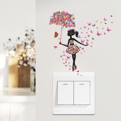 1 pieza Pegatina de pared autoadhesiva de PVC para interruptores y enchufes, con estampado de chica bailando y paraguas con flores, para decoración del hogar y fondo de sofá