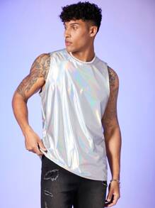 FeverCity Camiseta de moda para fiesta sin mangas de metal para hombre, regalo para novio - Plateado - Ver 1