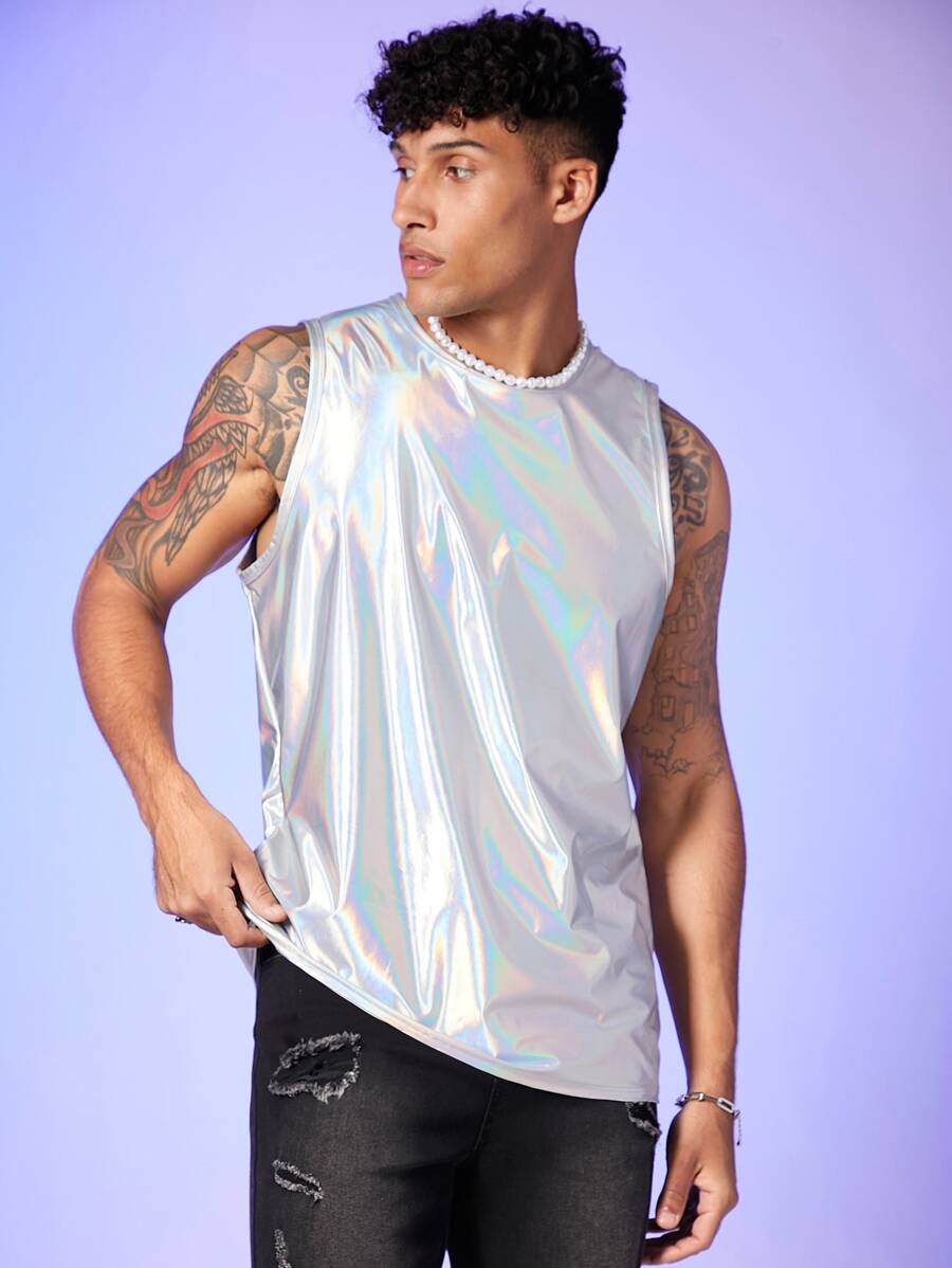 FeverCity Camiseta de moda para fiesta sin mangas de metal para hombre, regalo para novio - Plateado - Ver 1