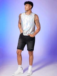 FeverCity Camiseta de moda para fiesta sin mangas de metal para hombre, regalo para novio - Plateado - Ver 4