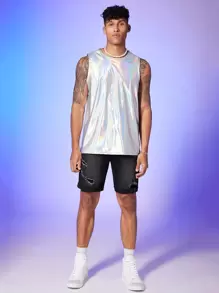 FeverCity Camiseta de moda para fiesta sin mangas de metal para hombre, regalo para novio - Plateado - Ver 6