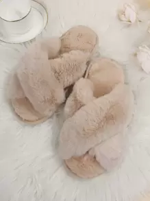 Fall/Winter Women Khaki Criss Cross Fluffy Slippers, Flatform Open Toe Slippers For Bedrooms