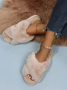 Fall/Winter Women Khaki Criss Cross Fluffy Slippers, Flatform Open Toe Slippers For Bedrooms