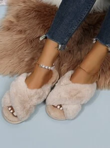 Fall/Winter Women Khaki Criss Cross Fluffy Slippers, Flatform Open Toe Slippers For Bedrooms