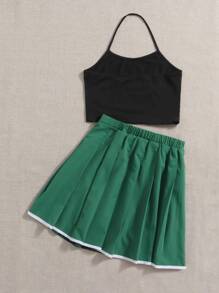 SHEIN Teen Girls Letter Graphic Crop Halter Top & Pleated Skirt - Multicolor - View 2