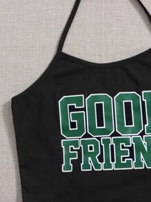 SHEIN Teen Girls Letter Graphic Crop Halter Top & Pleated Skirt - Multicolor - View 3