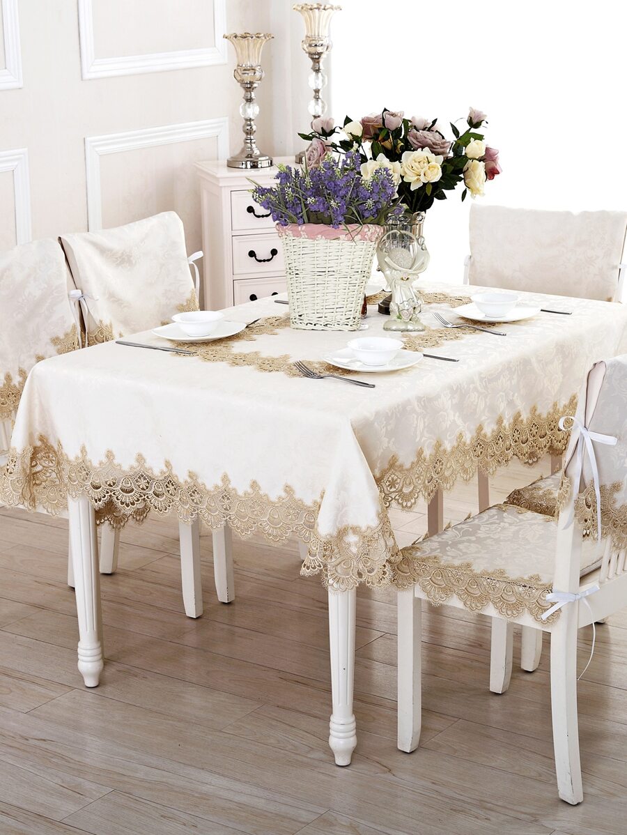 Jacquard Guipure Lace Trim Tablecloth - Multicolor - View 1