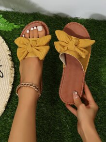 Bow Decor Slide Sandals - Yellow - View 1
