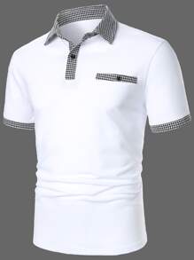 Manfinity Mode Men Houndstooth Contrast Collar Polo Shirt, Half Button Color Block Work Casual Polo Shirt For Husband - White - View 1