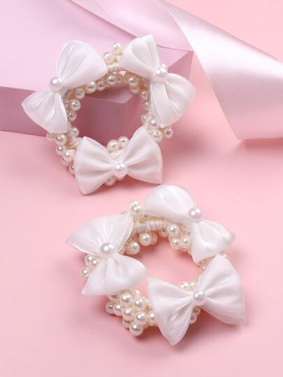 2入組女孩珍珠裝飾蝴蝶結髮帶,適用於舞會、婚禮、派對、舞蹈、日常穿著