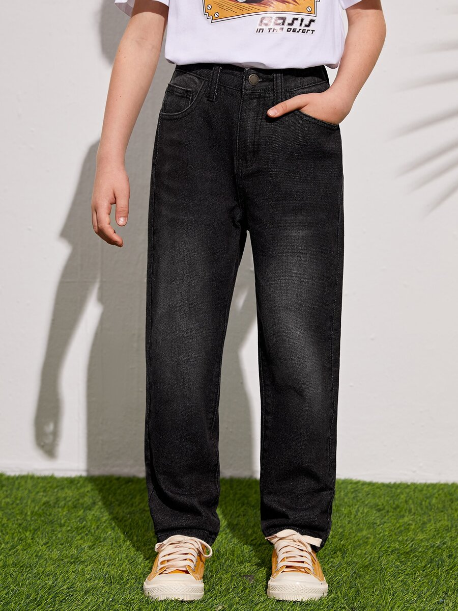 SHEIN 男孩高腰直筒牛仔褲 - 黑色 - 查看 1