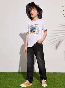 SHEIN 男孩高腰直筒牛仔褲 - 黑色 - 查看 3