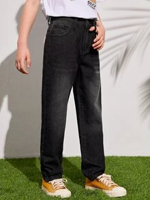 SHEIN 男孩高腰直筒牛仔褲 - 黑色 - 查看 5