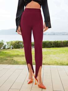 SHEIN Solid High Waist Stirrup Leggings - Burgundy - View 1