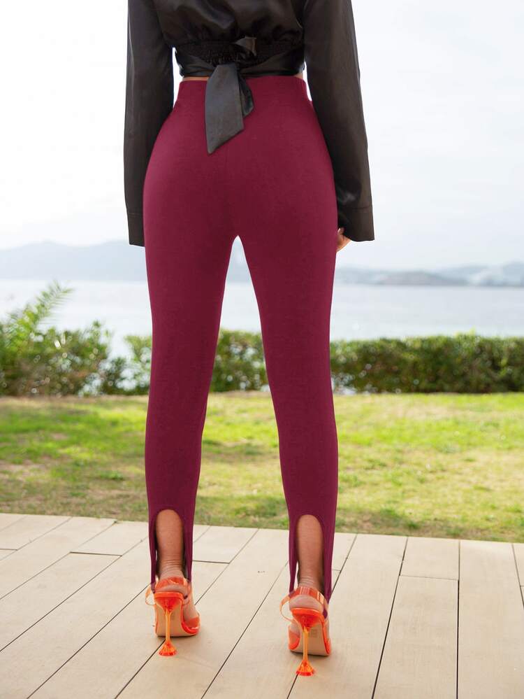 SHEIN Solid High Waist Stirrup Leggings - Burgundy - View 2