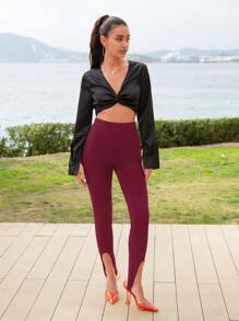SHEIN Solid High Waist Stirrup Leggings - Burgundy - View 3