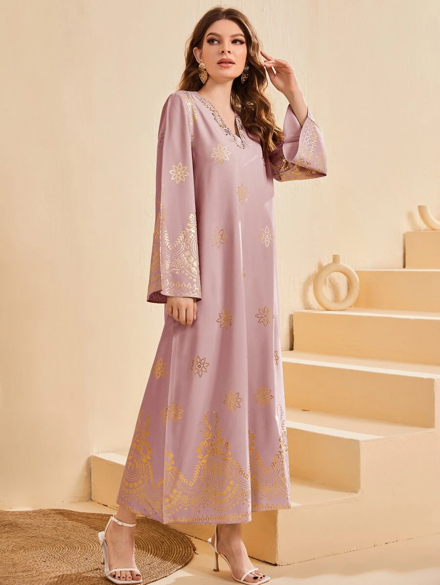 Al Najma 燙金花朵印花長袍連衣裙 - 粉色 - 查看 1