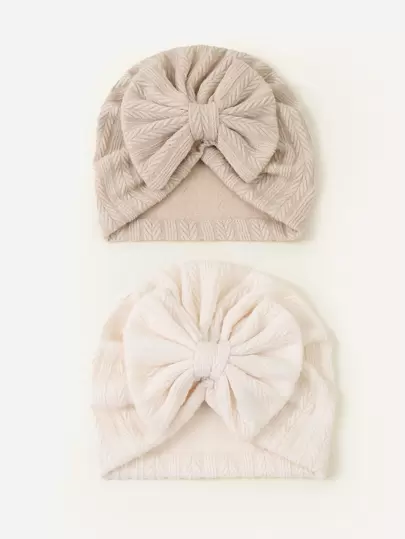 2pcs Newborn Baby Knot Hat Set, For 2-6 Months, Plaid Jacquard & Bowknot Design, Suitable For All Seasons