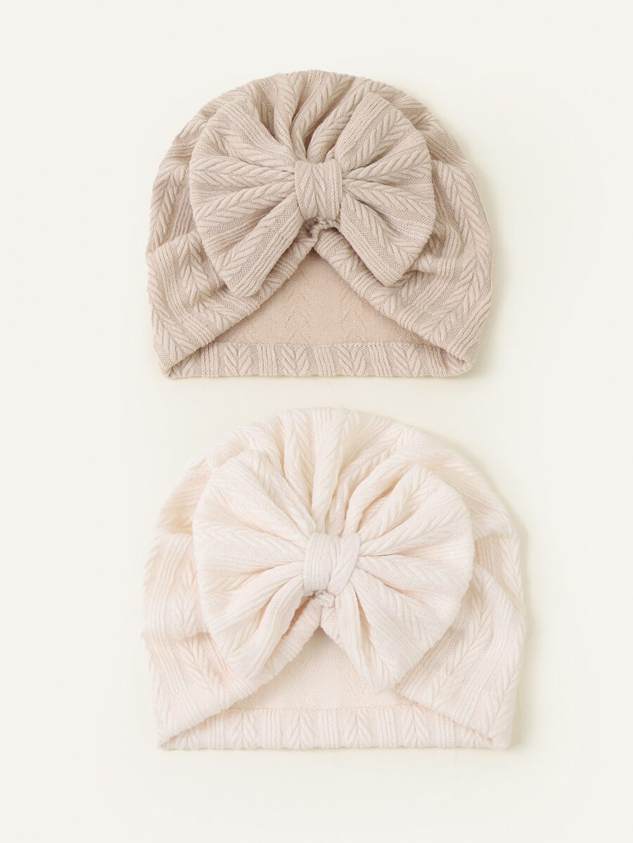 Set de 2 gorros de recién nacido, para 2-6 meses, diseño de jacquard de cuadros y lazo, adecuado para todas las estaciones - Caqui - Ver 1