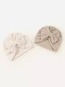 Set de 2 gorros de recién nacido, para 2-6 meses, diseño de jacquard de cuadros y lazo, adecuado para todas las estaciones - Caqui - Ver 3