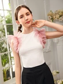 SHEIN Teen Girls Contrast Mesh Top - White - View 5