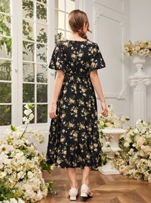 SHEIN Chicas adolescentes Vestido con estampado floral con cinturón bajo con fruncido - Multicolor - Ver 2