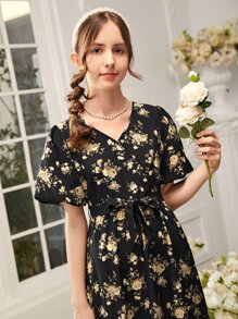 SHEIN Chicas adolescentes Vestido con estampado floral con cinturón bajo con fruncido - Multicolor - Ver 3