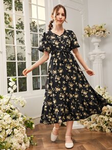 SHEIN Chicas adolescentes Vestido con estampado floral con cinturón bajo con fruncido - Multicolor - Ver 4