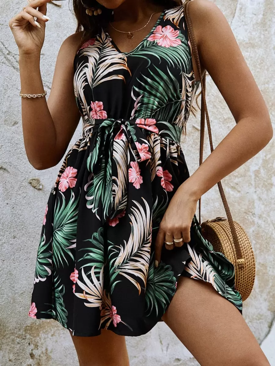 SHEIN VCAY Tropical Print Belted Dress - Multicolor - View 1