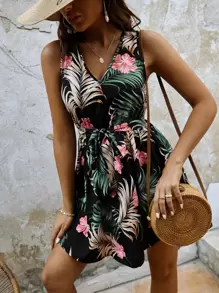 SHEIN VCAY Tropical Print Belted Dress - Multicolor - View 3