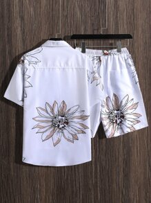 Manfinity RSRT 男士印花襯衫和腰部抽繩短褲不帶T恤 - 白色 - 查看 2