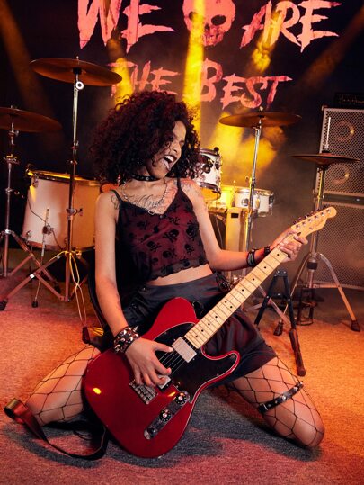 Grunge Punk Contrast Skull Mesh Cami Top