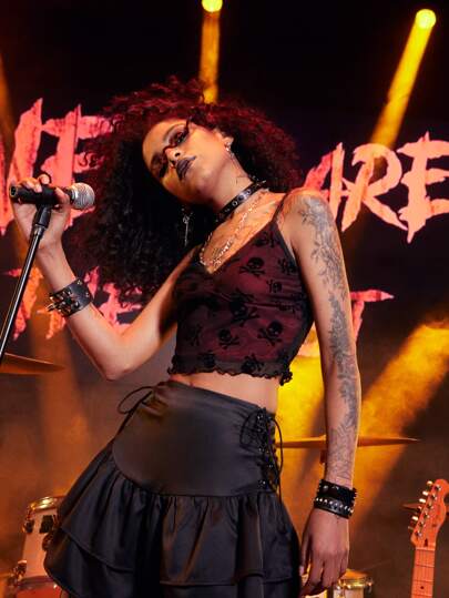 Grunge Punk Top à fines brides contrastant tête de mort en tulle