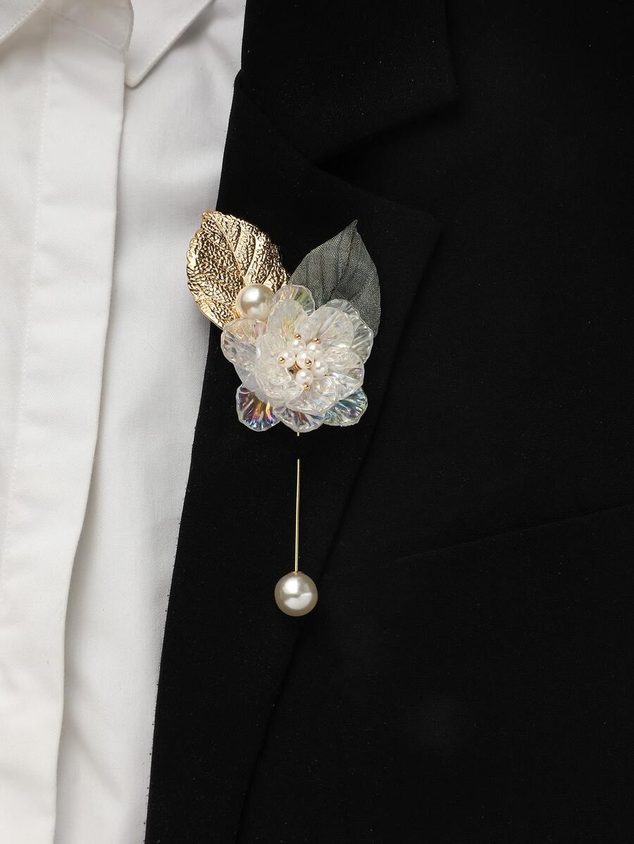 Faux Pearl & Flower Decor Boutonniere - Multicolor - View 1