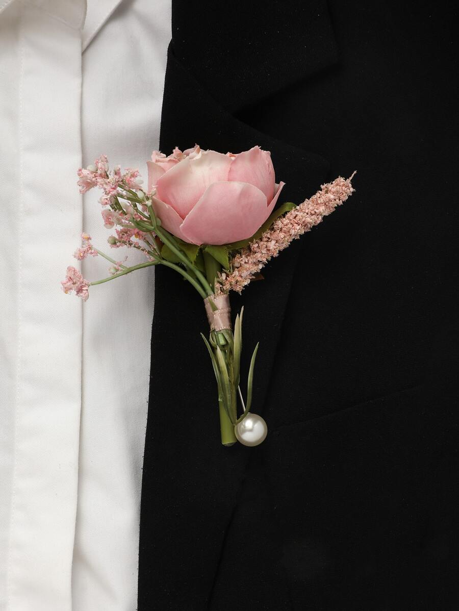 Faux Pearl & Flower Decor Boutonniere - Nhiều màu - Xem 1