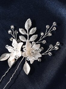 Horquilla cuenta & con diseño de flor nupcial - Plateado - Ver 3