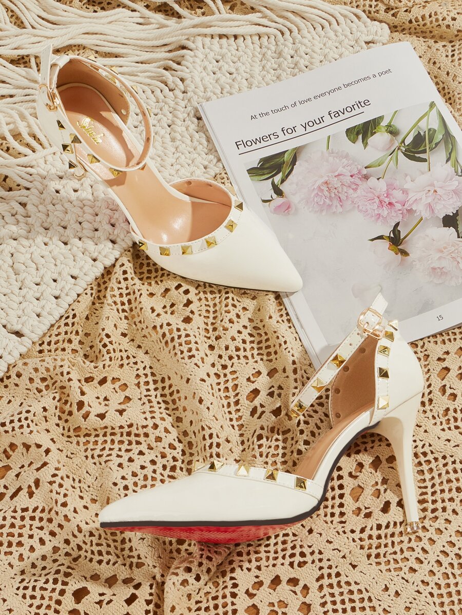 Tacones con tira tobillera con diseño de tachuela - Blanco - Ver 1