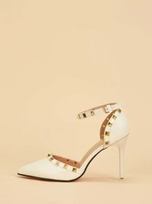 Tacones con tira tobillera con diseño de tachuela - Blanco - Ver 3