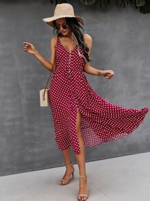 SHEIN VCAY Button Through Drawstring Waist Polka Dot Cami Dress - Burgundy - View 3